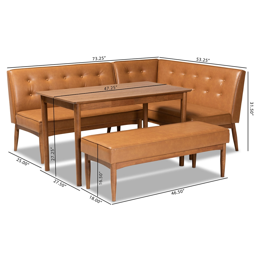 Arvid Mid-Century Modern Tan Faux Leather Upholstered and Walnut Brown Finished Wood 4-Piece Dining Nook Set