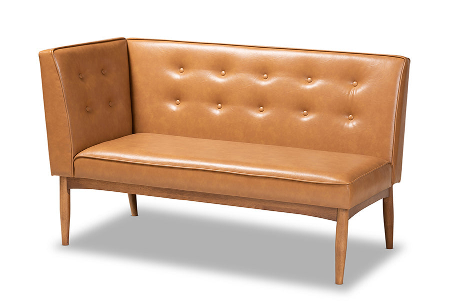 Arvid Mid-Century Modern Tan Faux Leather Upholstered and Walnut Brown Finished 2-Piece Wood Dining Nook Banquette Set
