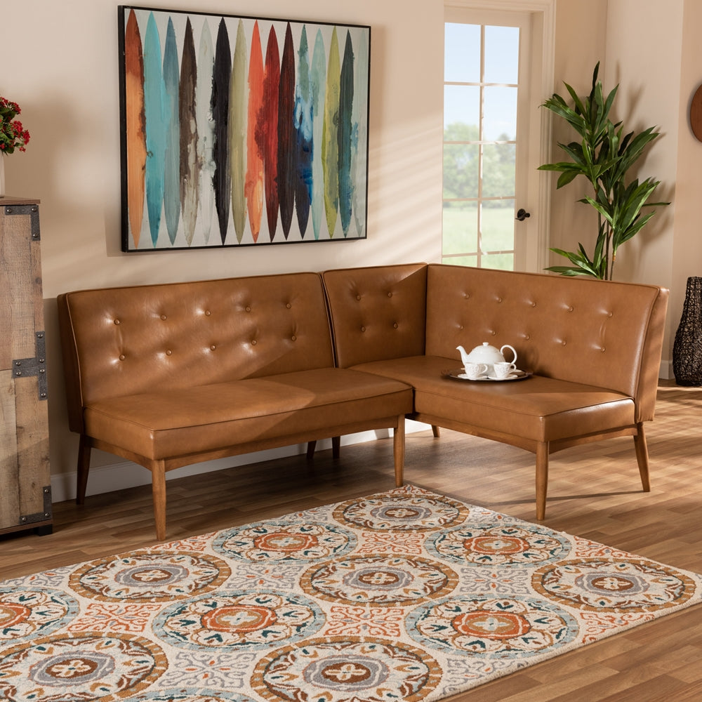Arvid Mid-Century Modern Tan Faux Leather Upholstered and Walnut Brown Finished 2-Piece Wood Dining Nook Banquette Set