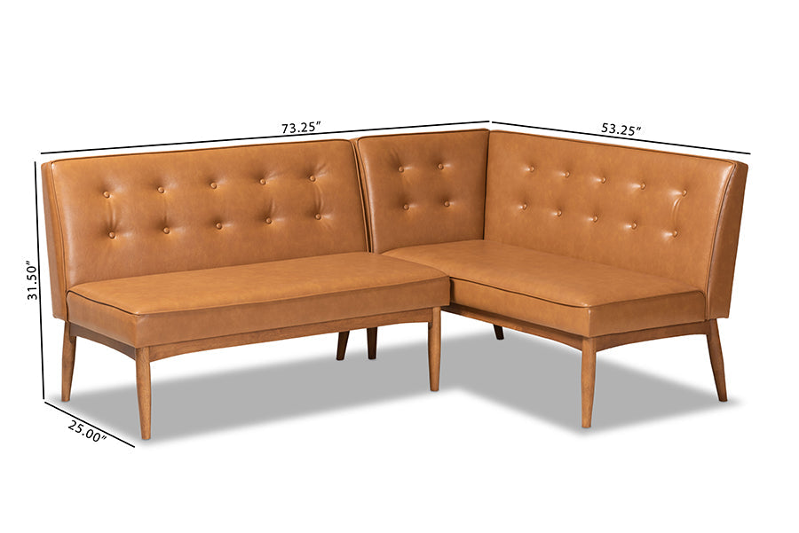 Arvid Mid-Century Modern Tan Faux Leather Upholstered and Walnut Brown Finished 2-Piece Wood Dining Nook Banquette Set
