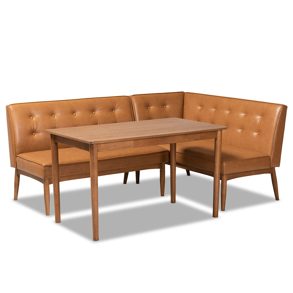 Arvid Mid-Century Modern Tan Faux Leather Upholstered and Walnut Brown Finished Wood 3-Piece Dining Nook Set