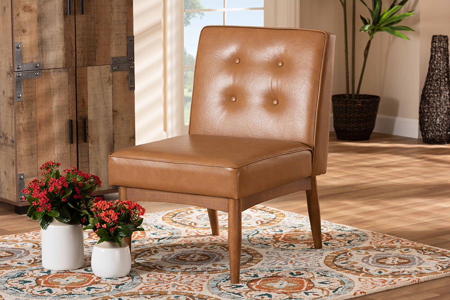 Arvid Mid-Century Modern Tan Faux Leather Upholstered and Walnut Brown Finished Wood Dining Chair