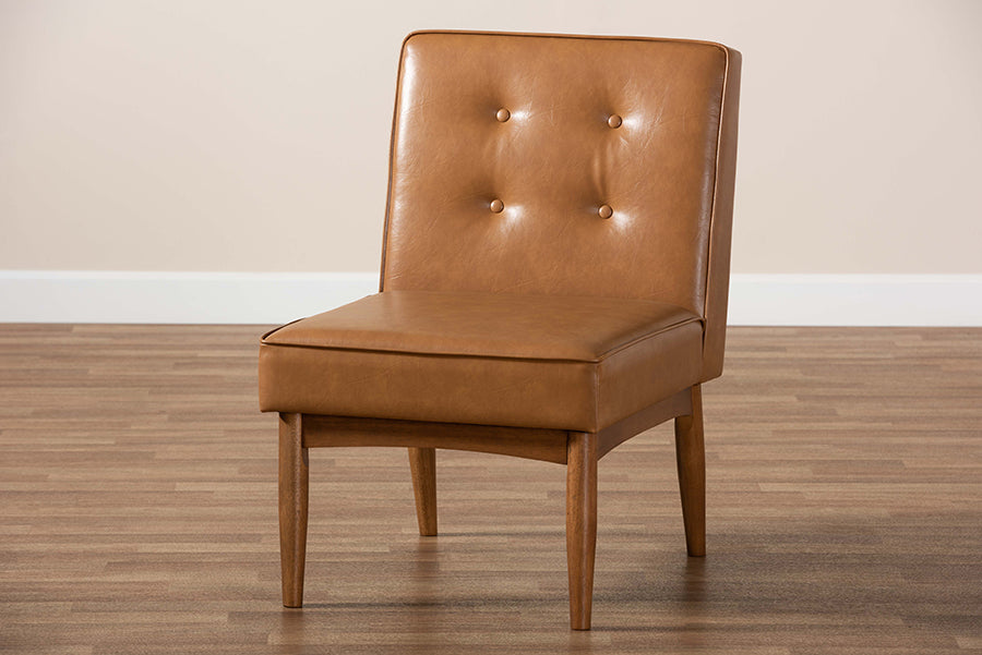 Arvid Mid-Century Modern Tan Faux Leather Upholstered and Walnut Brown Finished Wood Dining Chair