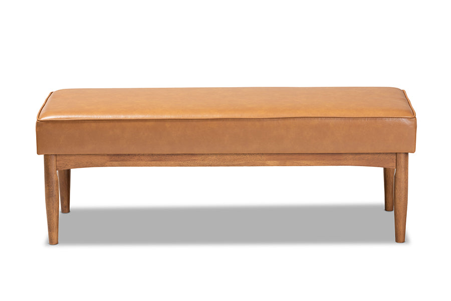 Arvid Mid-Century Modern Tan Faux Leather Upholstered and Walnut Brown Finished Wood Dining Bench