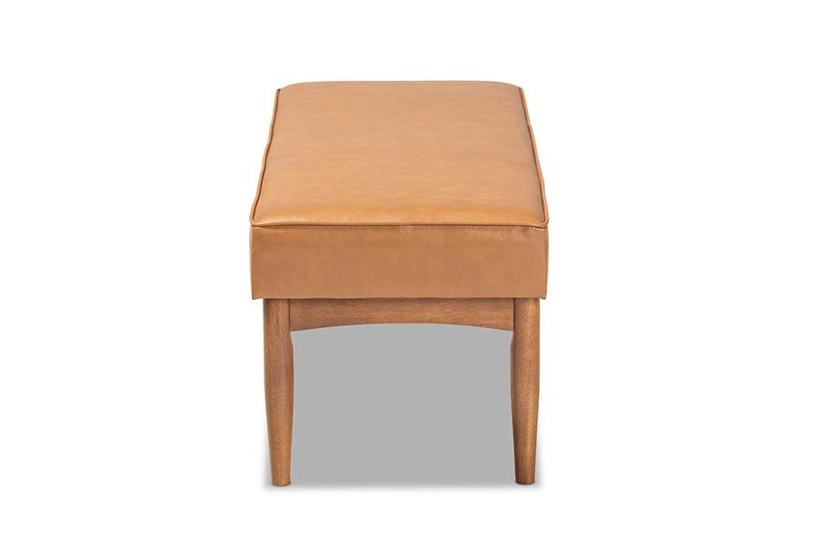 Arvid Mid-Century Modern Tan Faux Leather Upholstered and Walnut Brown Finished Wood Dining Bench