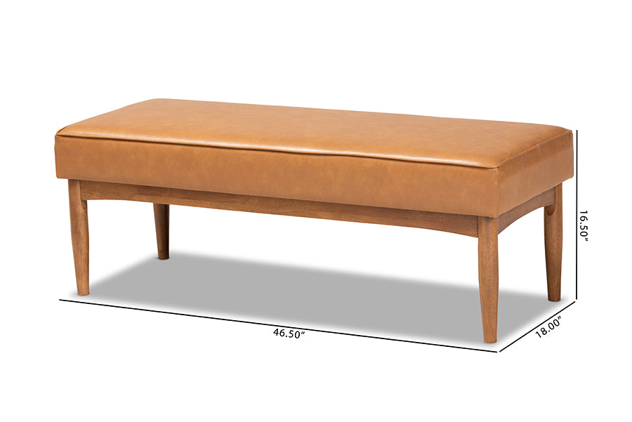Arvid Mid-Century Modern Tan Faux Leather Upholstered and Walnut Brown Finished Wood Dining Bench