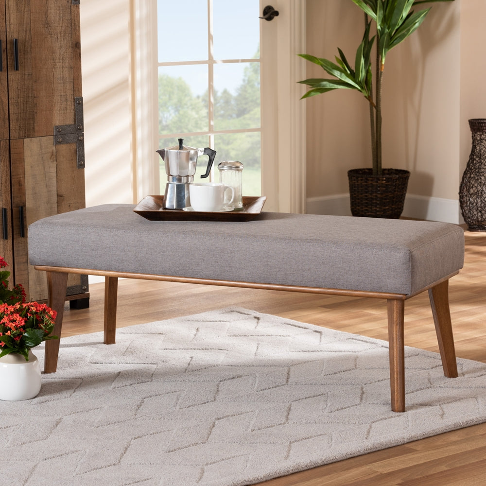 Odessa Mid-Century Modern Grey Fabric Upholstered and Walnut Brown Finished Wood Dining Bench