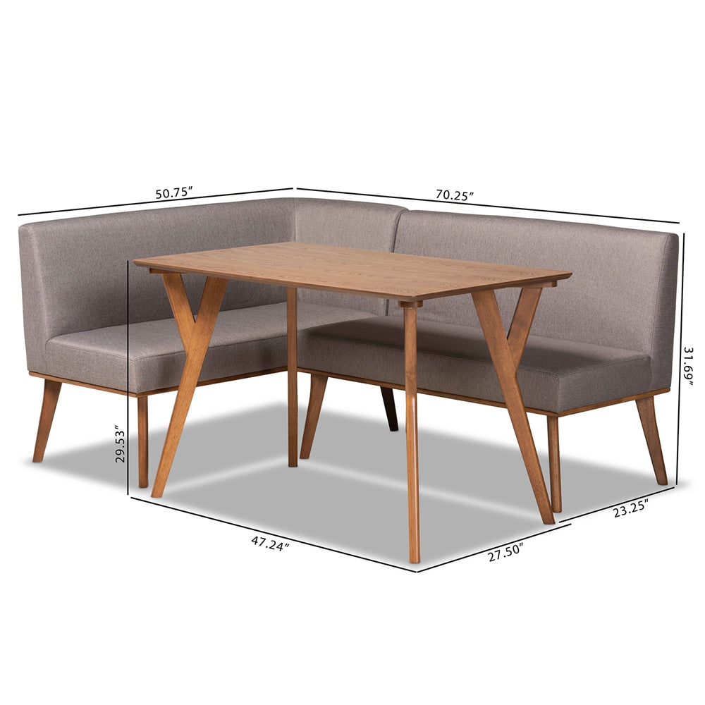 Odessa Mid-Century Modern Grey Fabric Upholstered and Walnut Brown Finished Wood 3-Piece Dining Nook Set