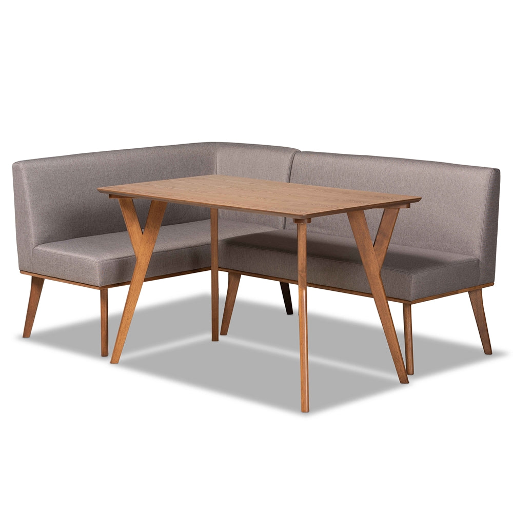 Odessa Mid-Century Modern Grey Fabric Upholstered and Walnut Brown Finished Wood 3-Piece Dining Nook Set