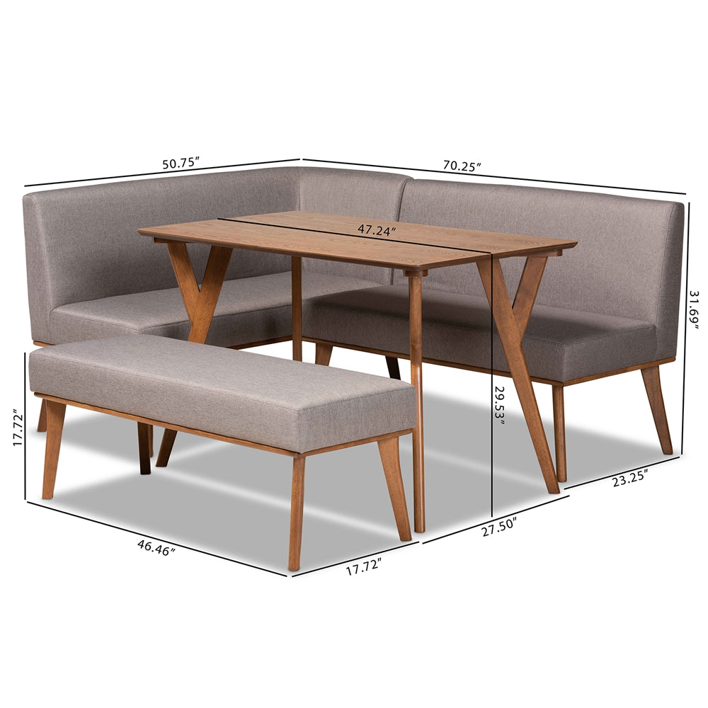 Odessa Mid-Century Modern Grey Fabric Upholstered and Walnut Brown Finished Wood 4-Piece Dining Nook Set
