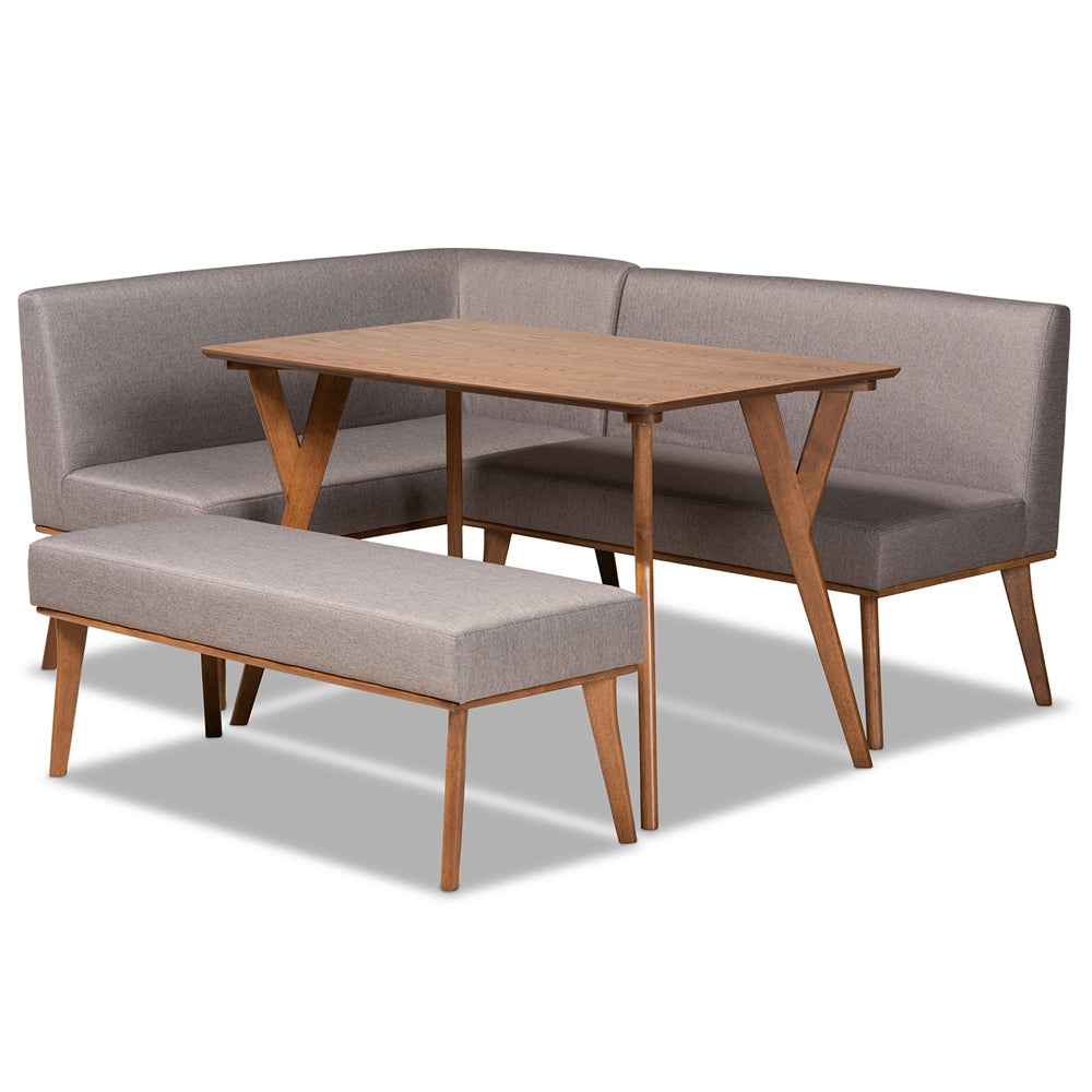 Odessa Mid-Century Modern Grey Fabric Upholstered and Walnut Brown Finished Wood 4-Piece Dining Nook Set