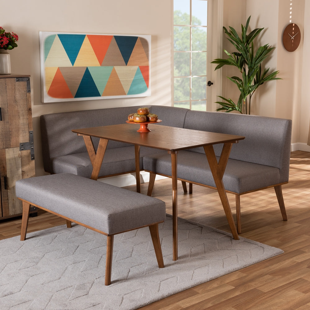 Odessa Mid-Century Modern Grey Fabric Upholstered and Walnut Brown Finished Wood 4-Piece Dining Nook Set