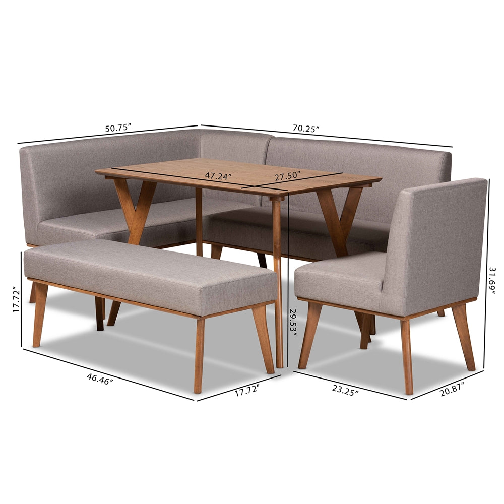 Odessa Mid-Century Modern Grey Fabric Upholstered and Walnut Brown Finished Wood 5-Piece Dining Nook Set