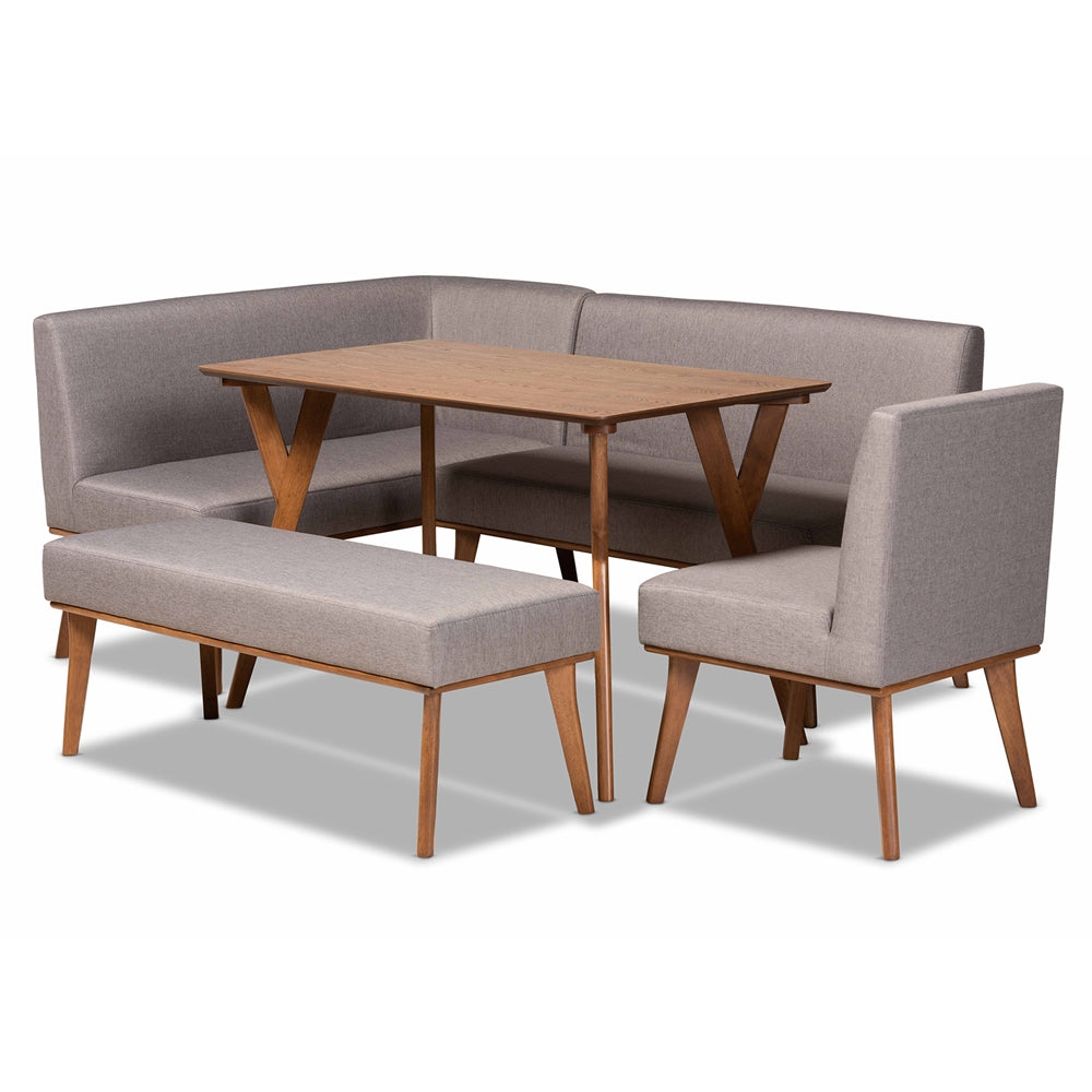 Odessa Mid-Century Modern Grey Fabric Upholstered and Walnut Brown Finished Wood 5-Piece Dining Nook Set