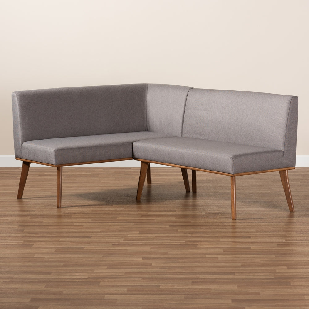 Odessa Mid-Century Modern Grey Fabric Upholstered and Walnut Brown Finished 2-Piece Wood Dining Nook Banquette Set