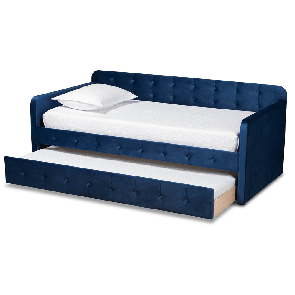 Jona Modern and Contemporary Transitional Navy Blue Velvet Fabric Upholstered and Button Tufted Twin Size Daybed with Trundle