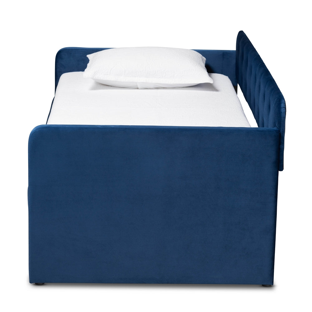 Jona Modern and Contemporary Transitional Navy Blue Velvet Fabric Upholstered and Button Tufted Twin Size Daybed with Trundle