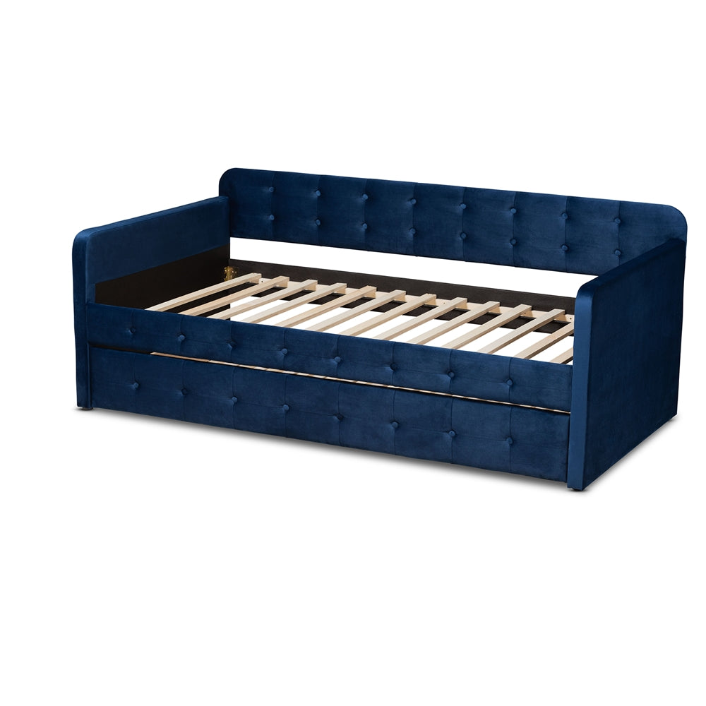 Jona Modern and Contemporary Transitional Navy Blue Velvet Fabric Upholstered and Button Tufted Twin Size Daybed with Trundle