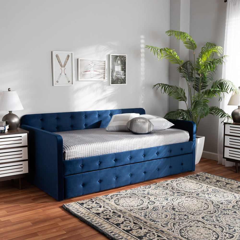 Jona Modern and Contemporary Transitional Navy Blue Velvet Fabric Upholstered and Button Tufted Twin Size Daybed with Trundle