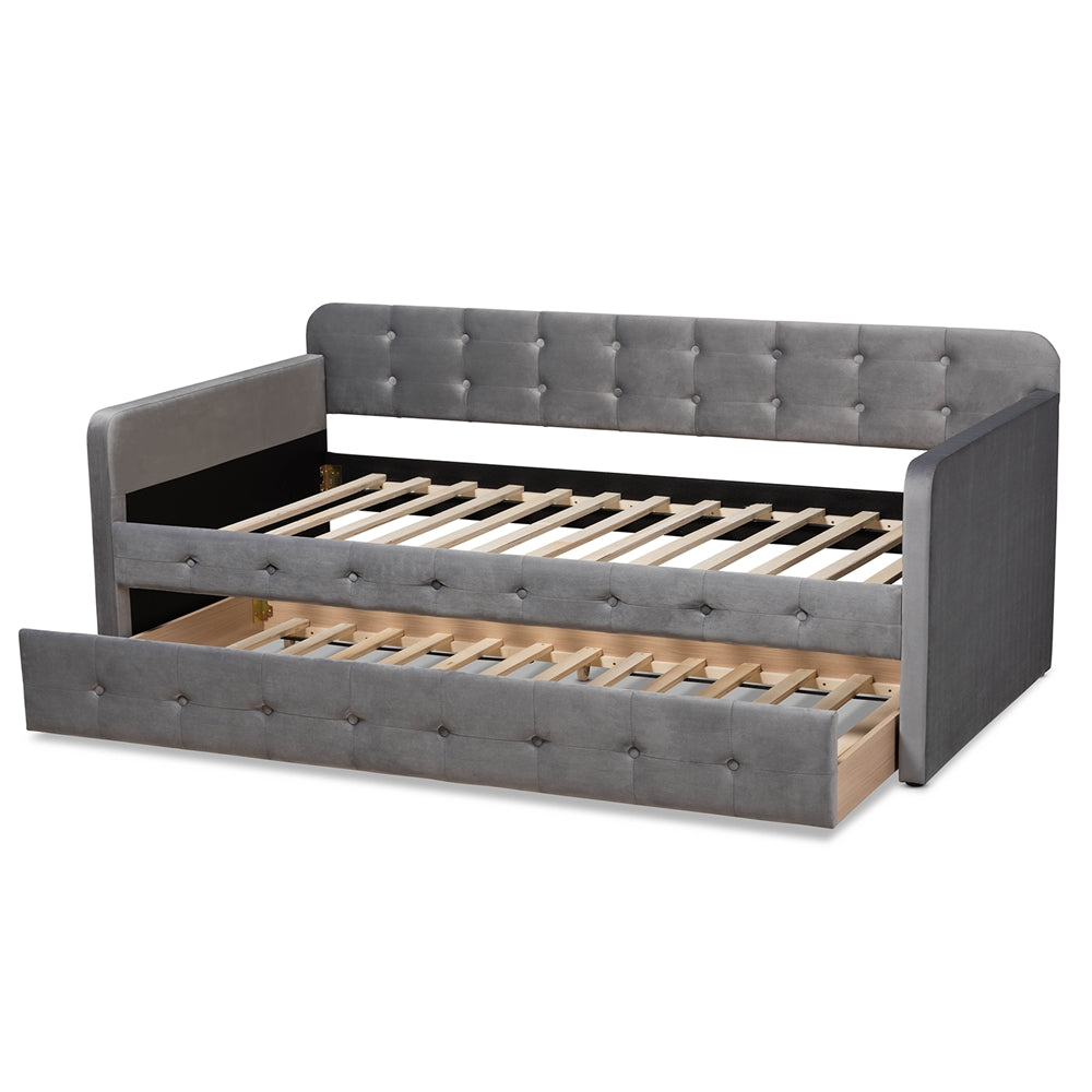 Jona Twin Daybed Modern Grey Velvet Button-Tufted with Trundle