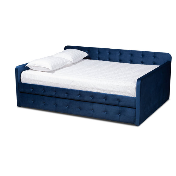 Jona Modern and Contemporary Transitional Navy Blue Velvet Fabric Upholstered and Button Tufted Full Size Daybed with Trundle