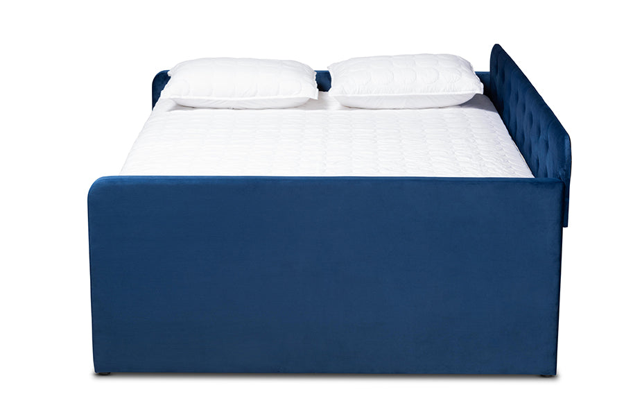Jona Modern and Contemporary Transitional Navy Blue Velvet Fabric Upholstered and Button Tufted Full Size Daybed with Trundle