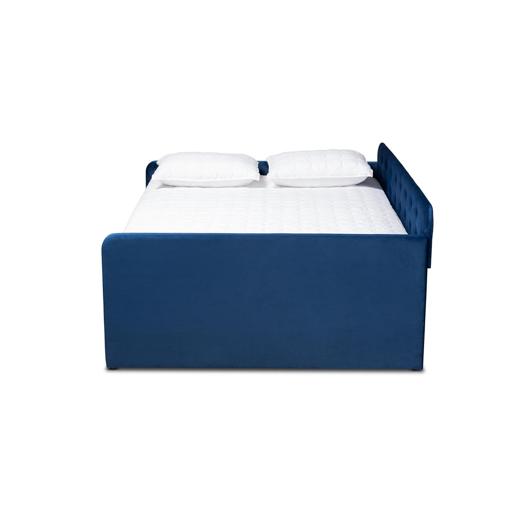 Jona Modern and Contemporary Transitional Navy Blue Velvet Fabric Upholstered and Button Tufted Full Size Daybed with Trundle