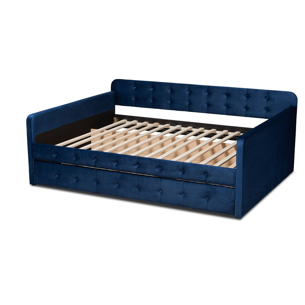 Jona Modern and Contemporary Transitional Navy Blue Velvet Fabric Upholstered and Button Tufted Full Size Daybed with Trundle