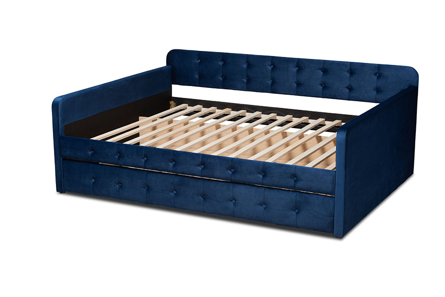 Jona Modern and Contemporary Transitional Navy Blue Velvet Fabric Upholstered and Button Tufted Full Size Daybed with Trundle