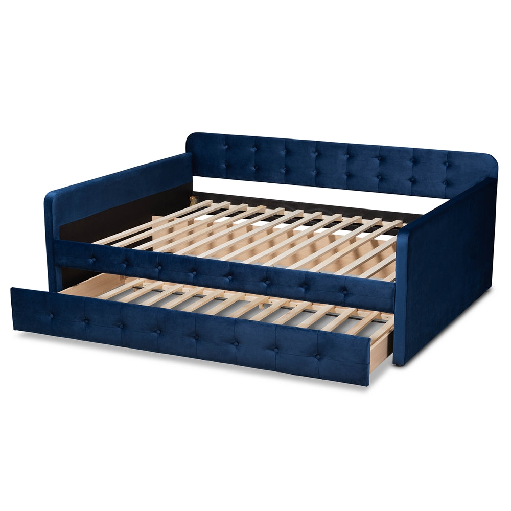Jona Modern and Contemporary Transitional Navy Blue Velvet Fabric Upholstered and Button Tufted Full Size Daybed with Trundle