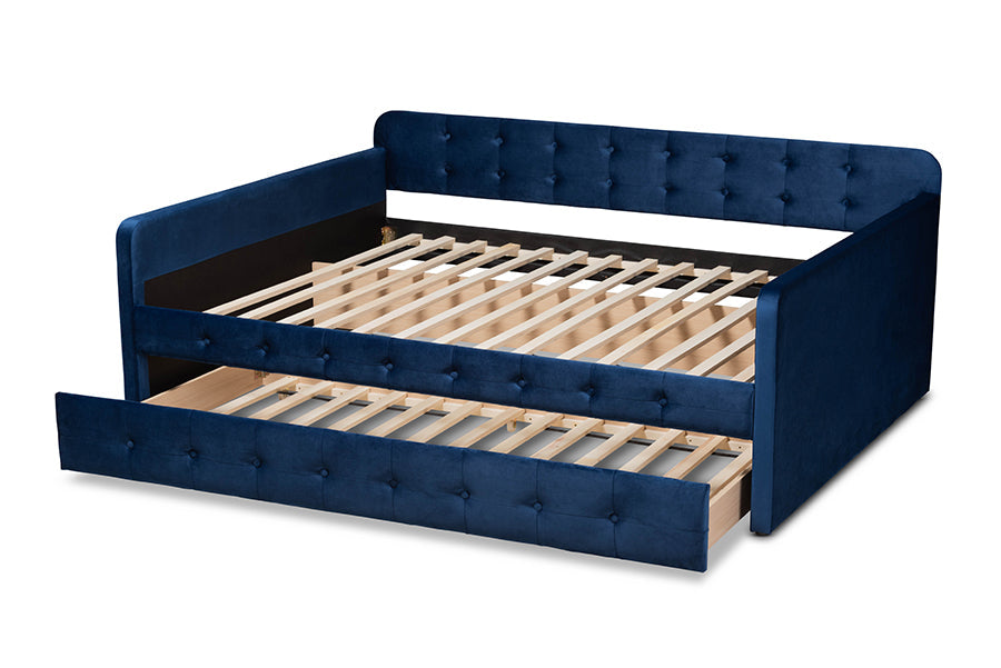 Jona Modern and Contemporary Transitional Navy Blue Velvet Fabric Upholstered and Button Tufted Full Size Daybed with Trundle