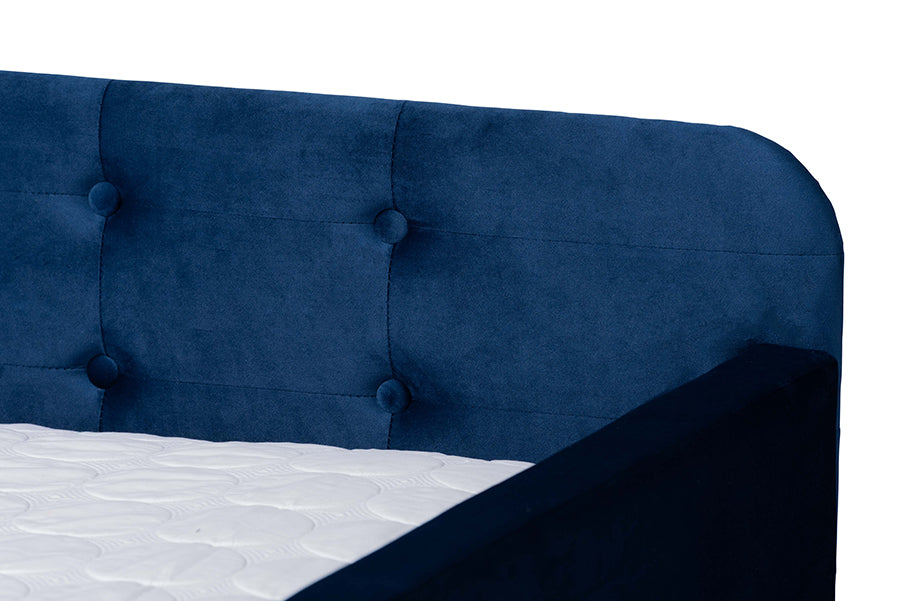 Jona Modern and Contemporary Transitional Navy Blue Velvet Fabric Upholstered and Button Tufted Full Size Daybed with Trundle