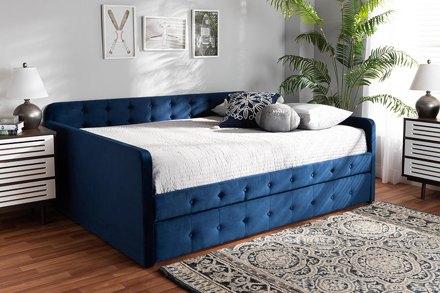 Jona Queen Daybed Navy Blue Velvet Tufted with Trundle