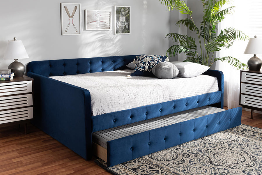 Jona Modern and Contemporary Transitional Navy Blue Velvet Fabric Upholstered and Button Tufted Full Size Daybed with Trundle
