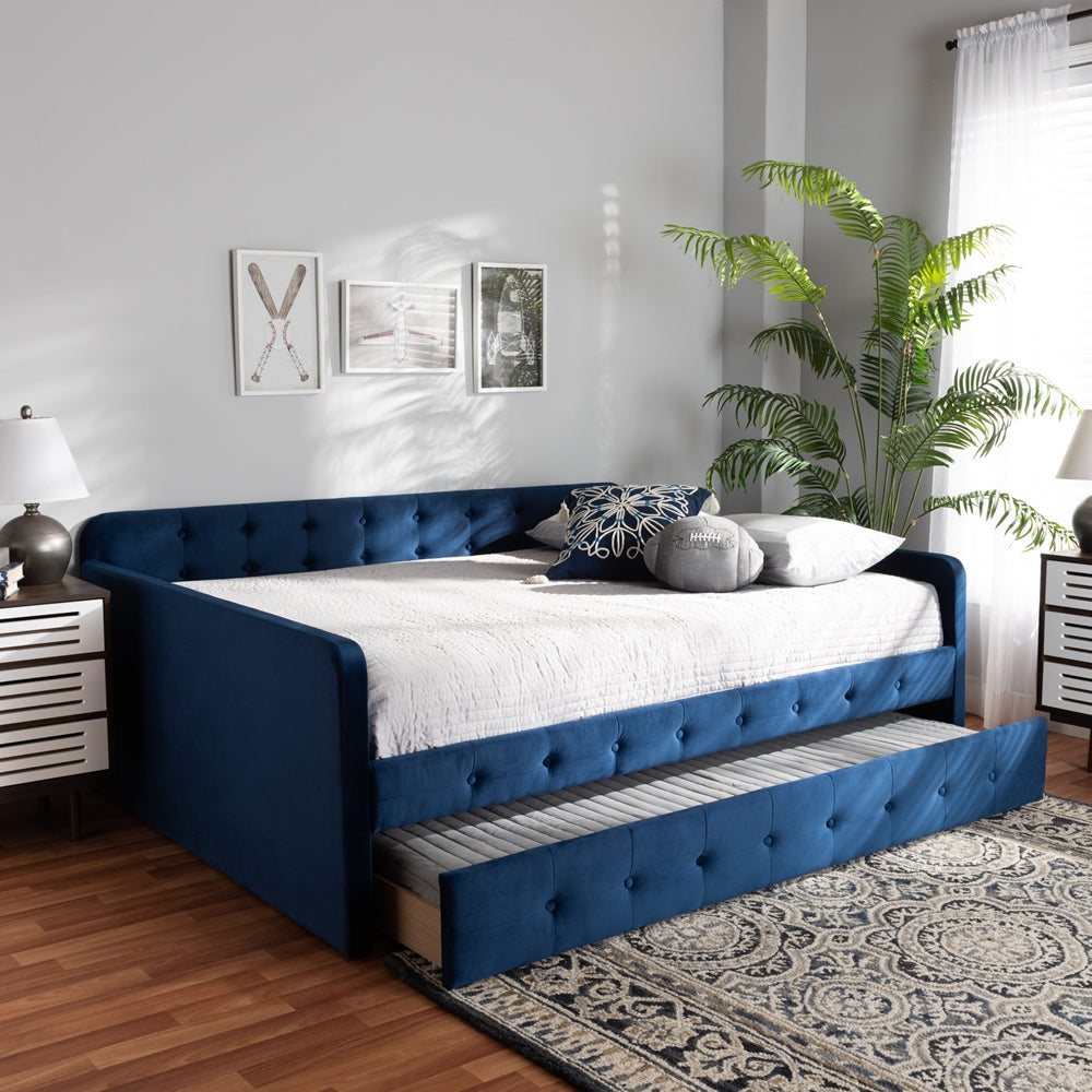 Jona Modern and Contemporary Transitional Navy Blue Velvet Fabric Upholstered and Button Tufted Full Size Daybed with Trundle