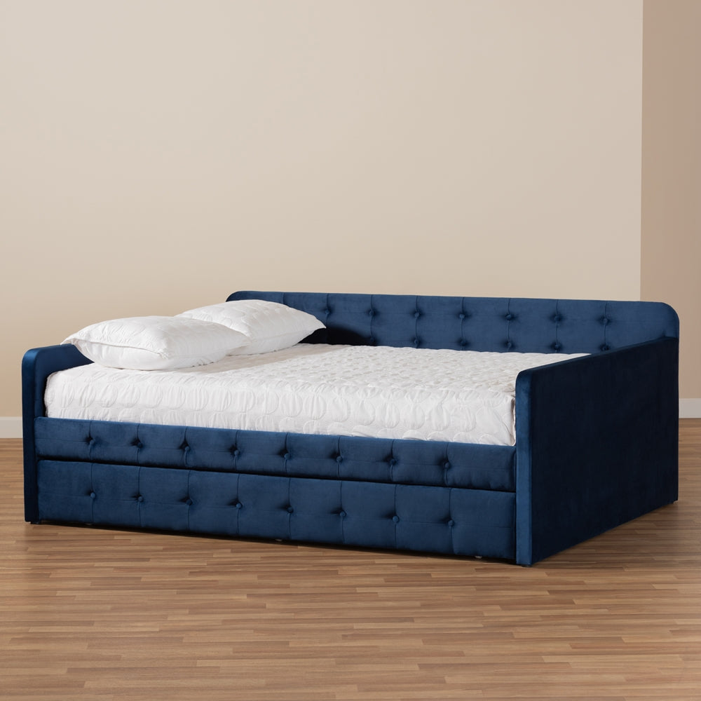 Jona Queen Daybed Navy Blue Velvet Tufted with Trundle