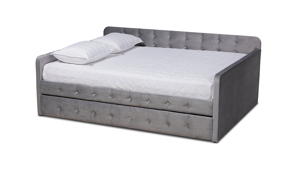 Jona Modern and Contemporary Transitional Grey Velvet Fabric Upholstered and Button Tufted Queen Size Daybed with Trundle
