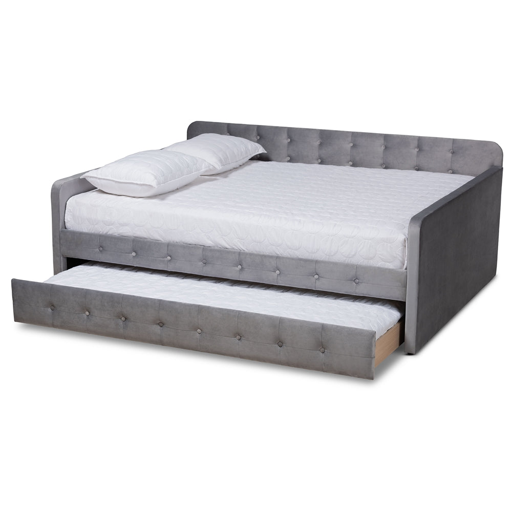 Jona Modern and Contemporary Transitional Grey Velvet Fabric Upholstered and Button Tufted Queen Size Daybed with Trundle
