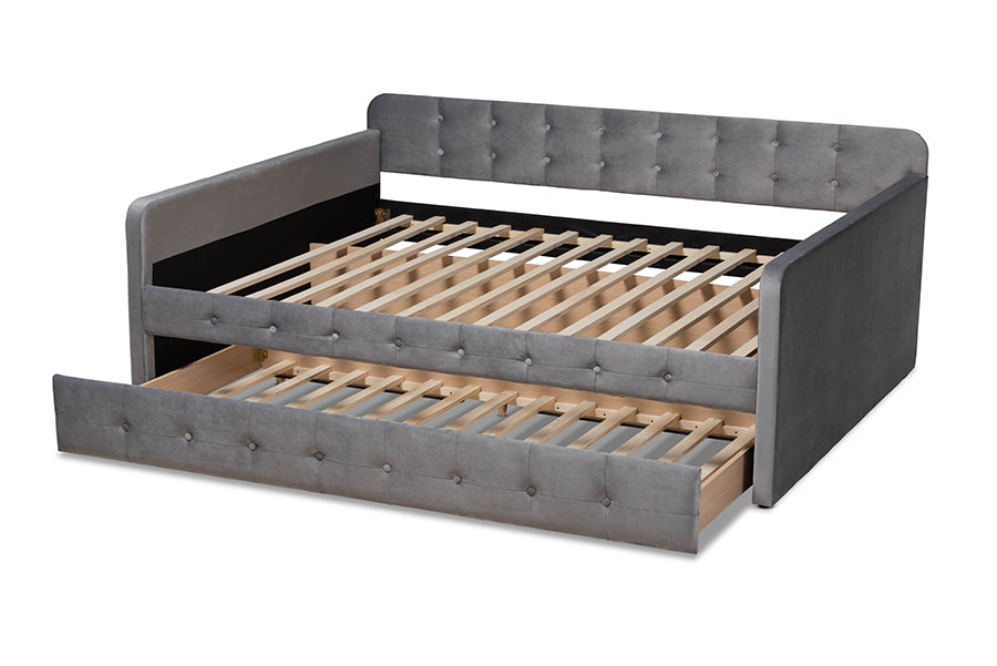 Jona Modern and Contemporary Transitional Grey Velvet Fabric Upholstered and Button Tufted Queen Size Daybed with Trundle