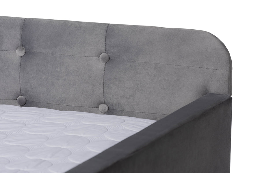 Jona Modern and Contemporary Transitional Grey Velvet Fabric Upholstered and Button Tufted Queen Size Daybed with Trundle