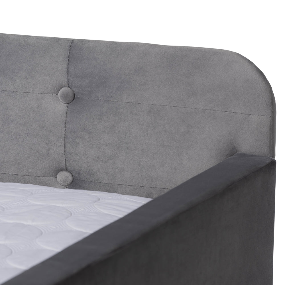 Jona Modern and Contemporary Transitional Grey Velvet Fabric Upholstered and Button Tufted Queen Size Daybed with Trundle
