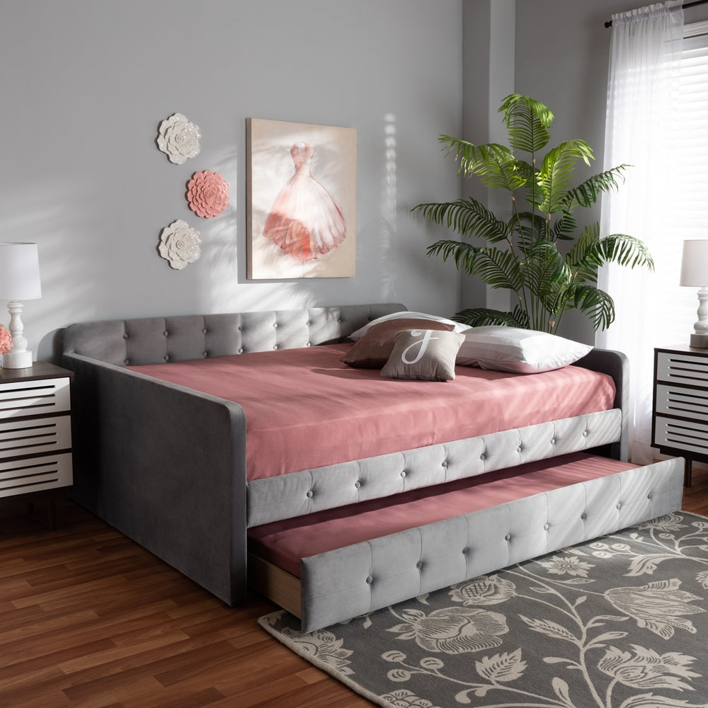 Jona Modern and Contemporary Transitional Grey Velvet Fabric Upholstered and Button Tufted Queen Size Daybed with Trundle