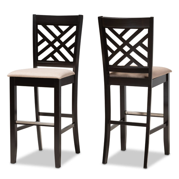 Jason Modern and Contemporary Sand Fabric Upholstered and Espresso Brown Finished Wood 2-Piece Bar Stool Set