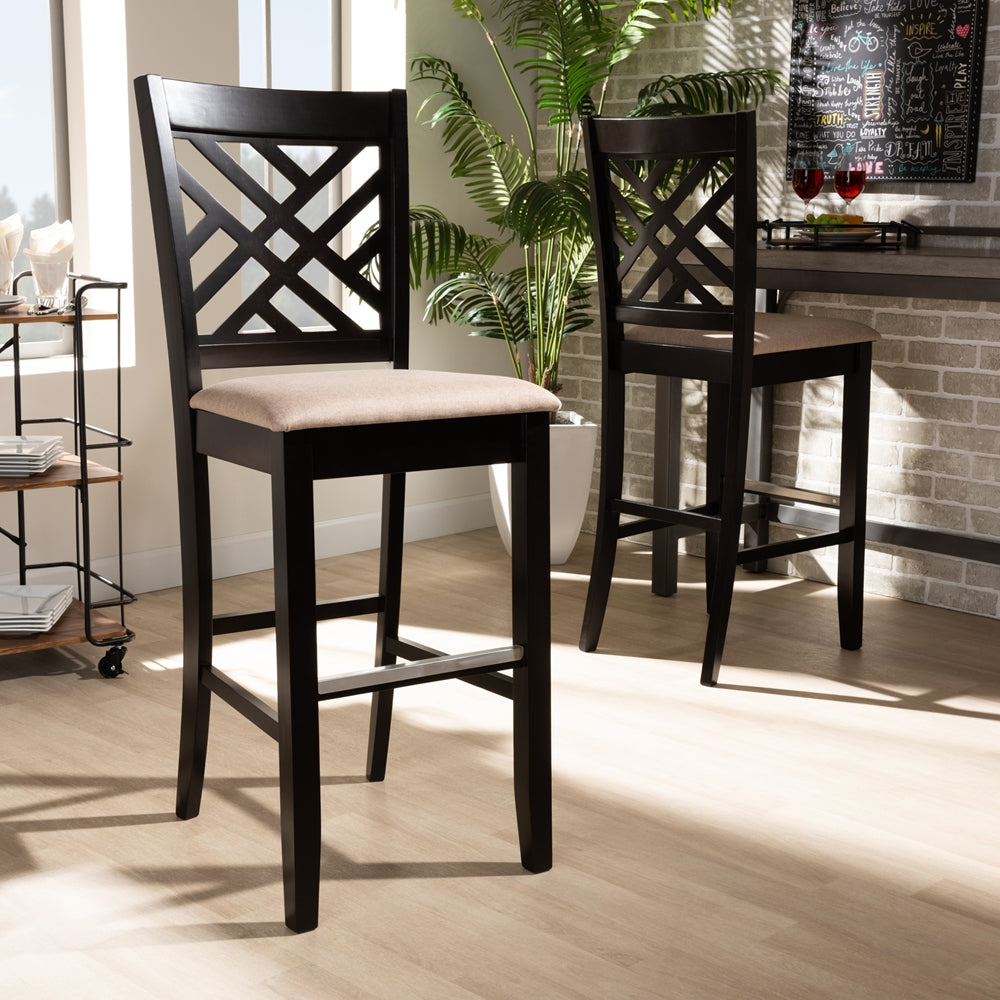 Jason Modern and Contemporary Sand Fabric Upholstered and Espresso Brown Finished Wood 2-Piece Bar Stool Set