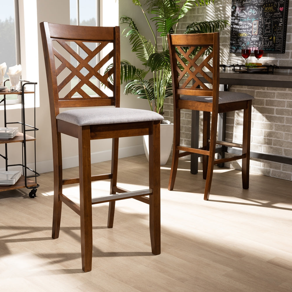 Jason Modern and Contemporary Grey Fabric Upholstered and Walnut Brown Finished Wood 2-Piece Bar Stool Set