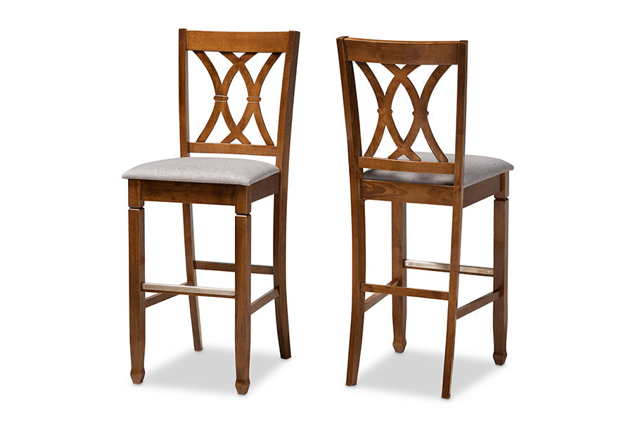 Calista Modern and Contemporary Grey Fabric Upholstered and Walnut Brown Finished Wood 2-Piece Bar Stool Set