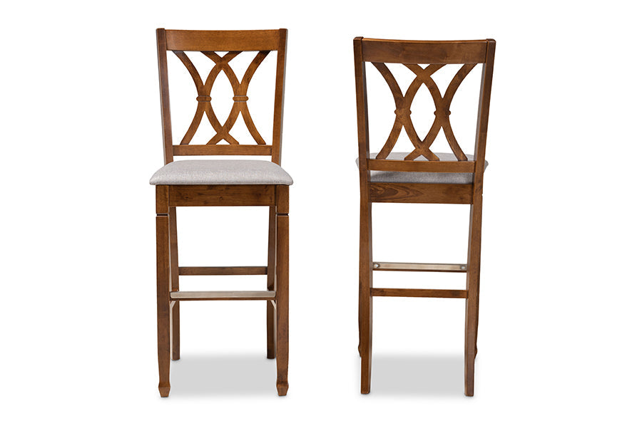 Calista Modern and Contemporary Grey Fabric Upholstered and Walnut Brown Finished Wood 2-Piece Bar Stool Set