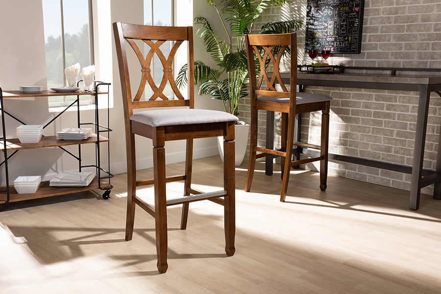 Calista Modern and Contemporary Grey Fabric Upholstered and Walnut Brown Finished Wood 2-Piece Bar Stool Set