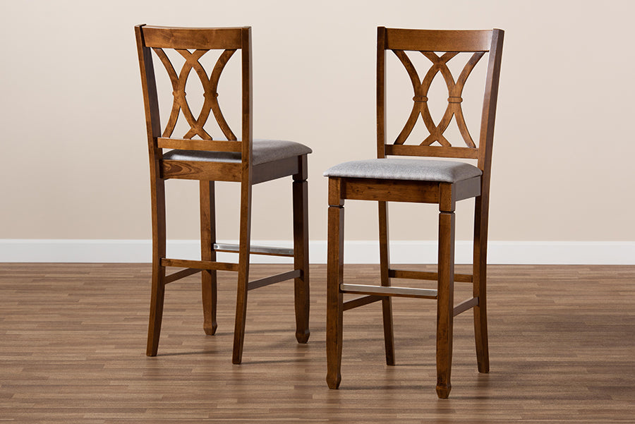 Calista Modern and Contemporary Grey Fabric Upholstered and Walnut Brown Finished Wood 2-Piece Bar Stool Set