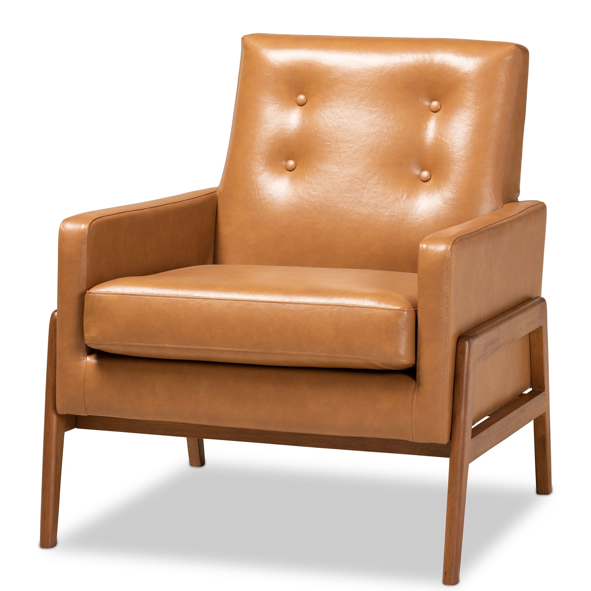 Perris Mid-Century Modern Tan Faux Leather Upholstered and Walnut Brown Finished Wood Lounge Chair